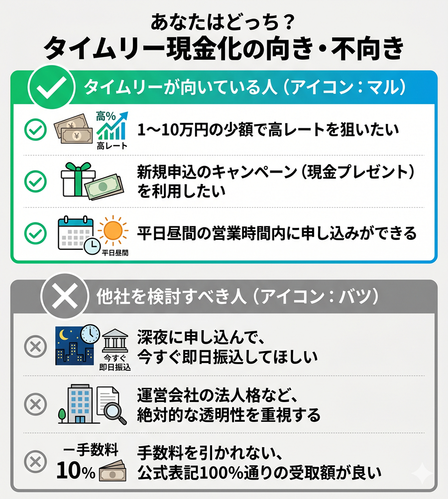 タイムリー現金化に向いている人と不向きな人の特徴を整理。少額・新規向けであることや、深夜振込希望者には不向きであることを図解